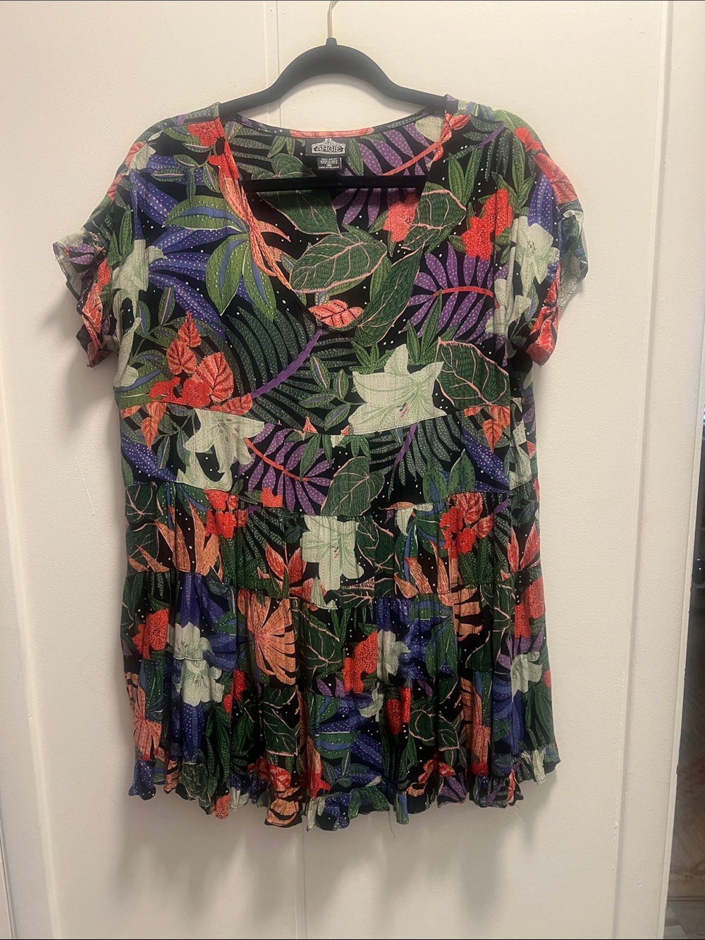 Angie Black Floral Mini Dress with Multicolor Leaf Print
